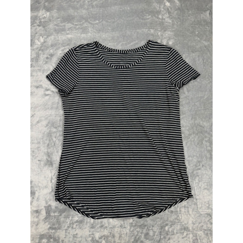 Lululemon Black White Striped Short Sleeve Crew Neck Curved Hem Active Top